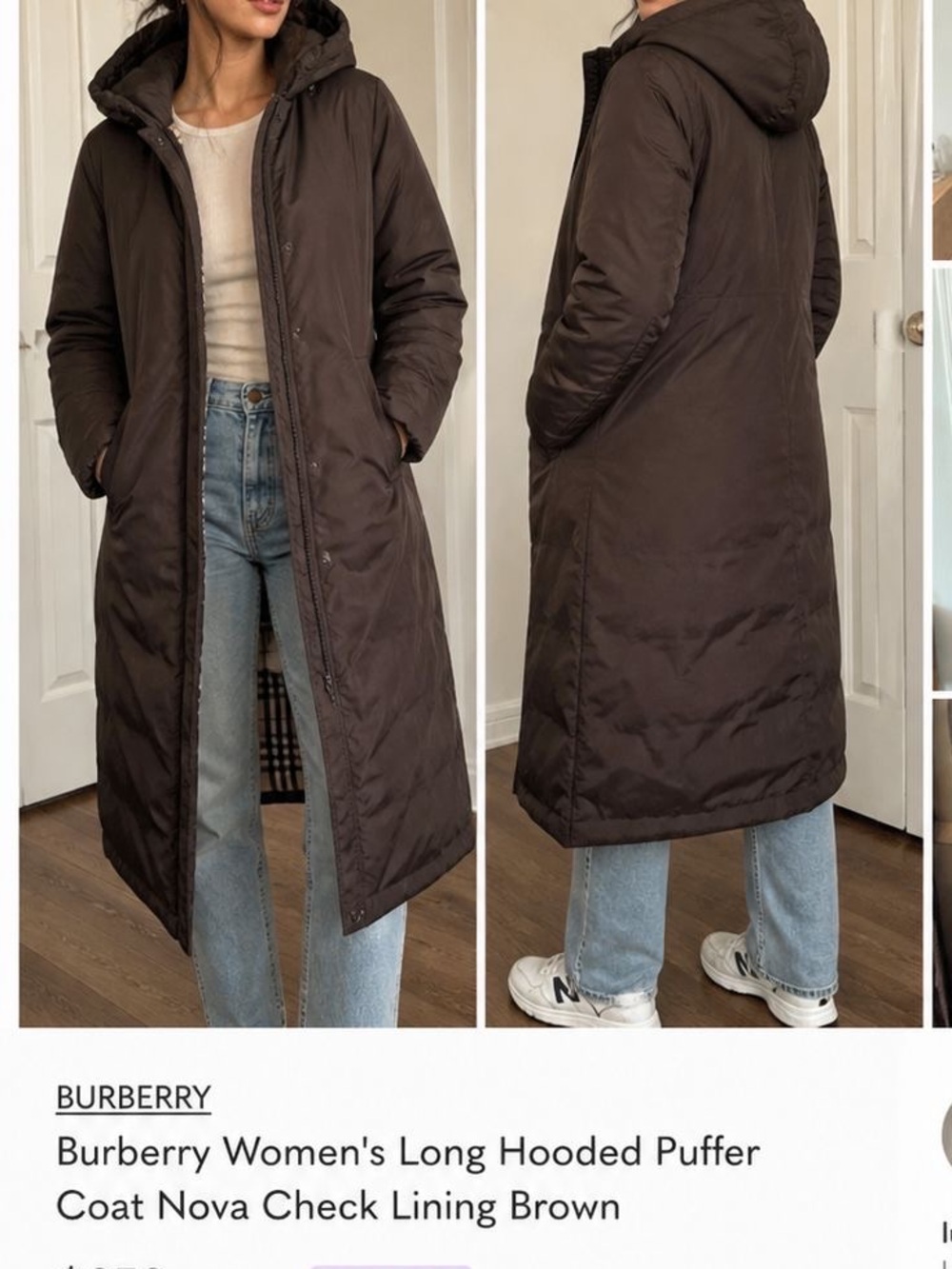 Burberry Dark Brown Long Hooded Puffer Coat with Nova Check Lining